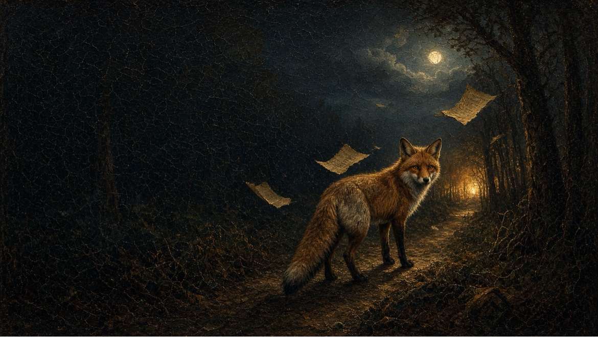 The fox pausing on a moonlit path, looking back — follow me