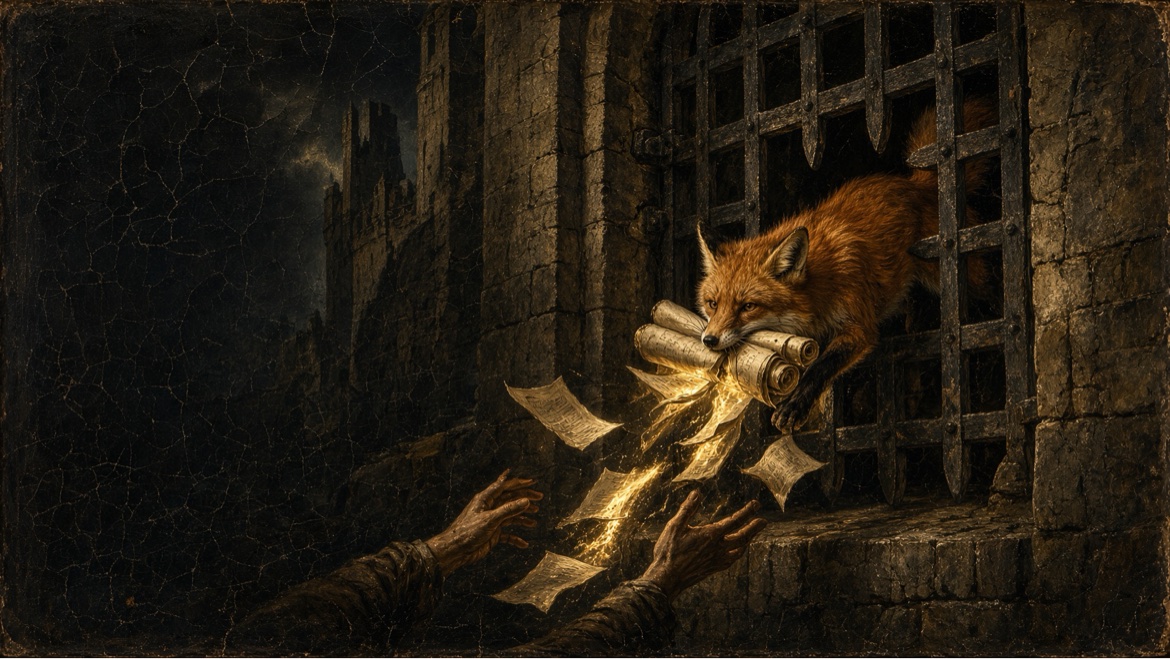 Reynard slipping through the tower gate with scrolls, pages drifting toward outstretched hands