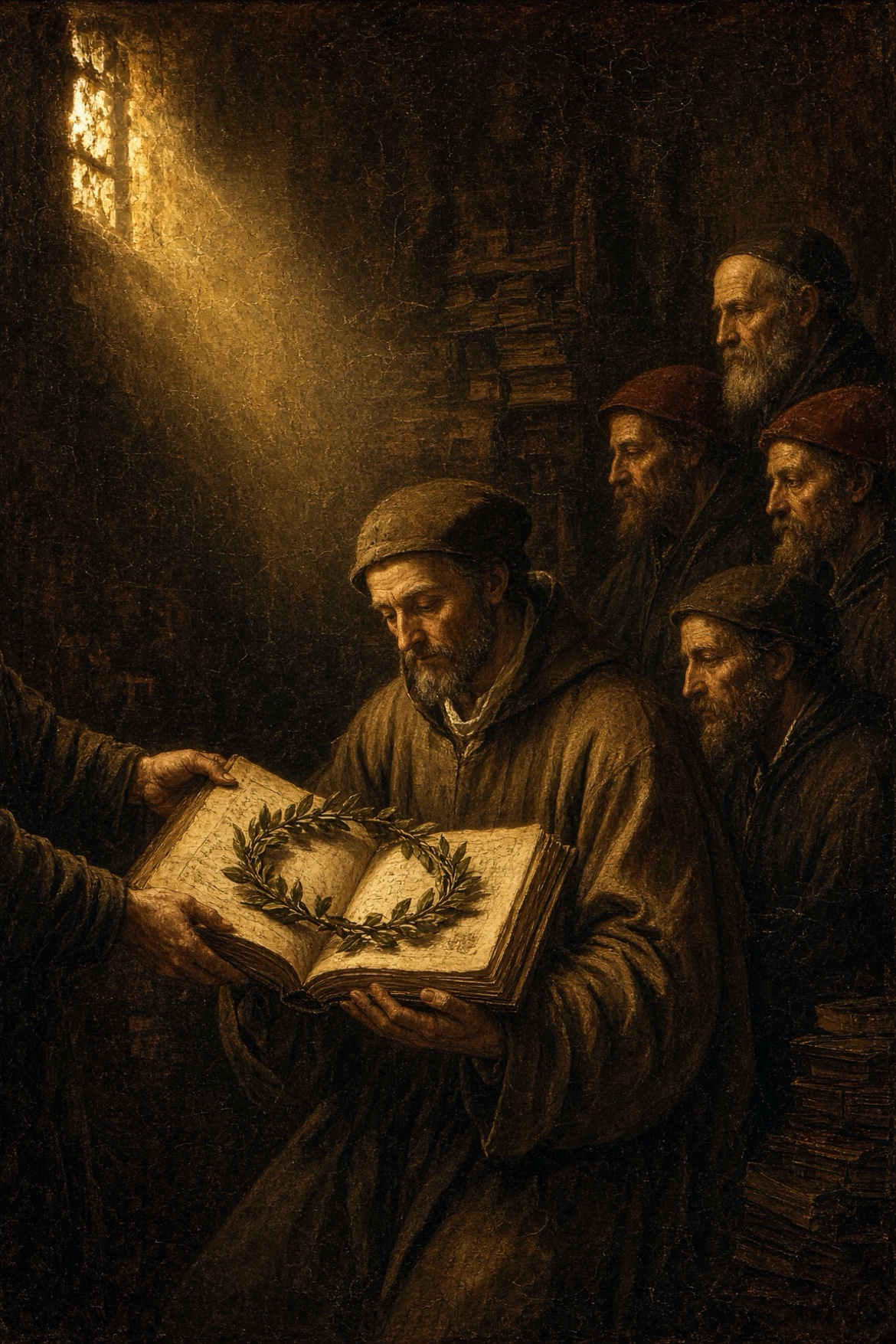 A scholar receiving an honored manuscript wreathed in laurel