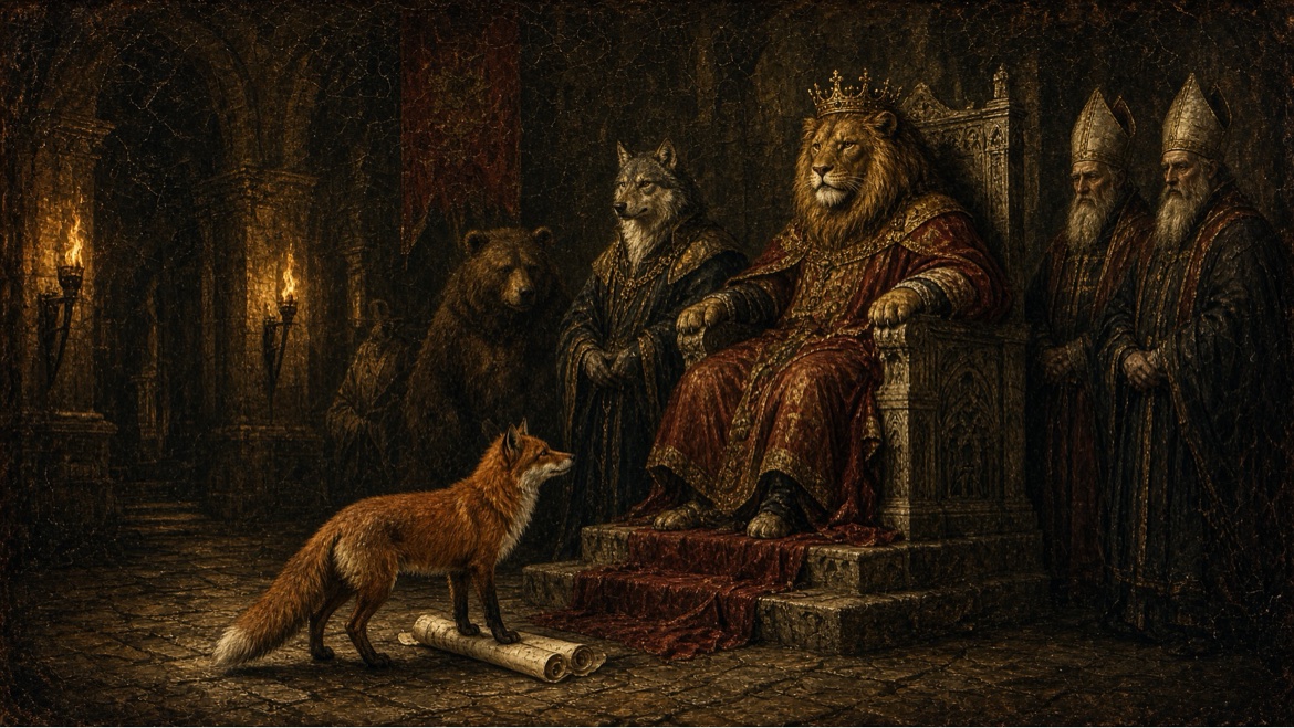 Reynard the fox standing before the lion king's court