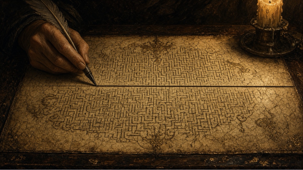 A hand drawing one straight ink line through a maze on vellum